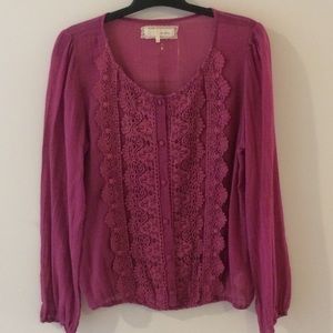 Anthropologie A’reve Pink-Purple Lace Front Peasant Blouse‎